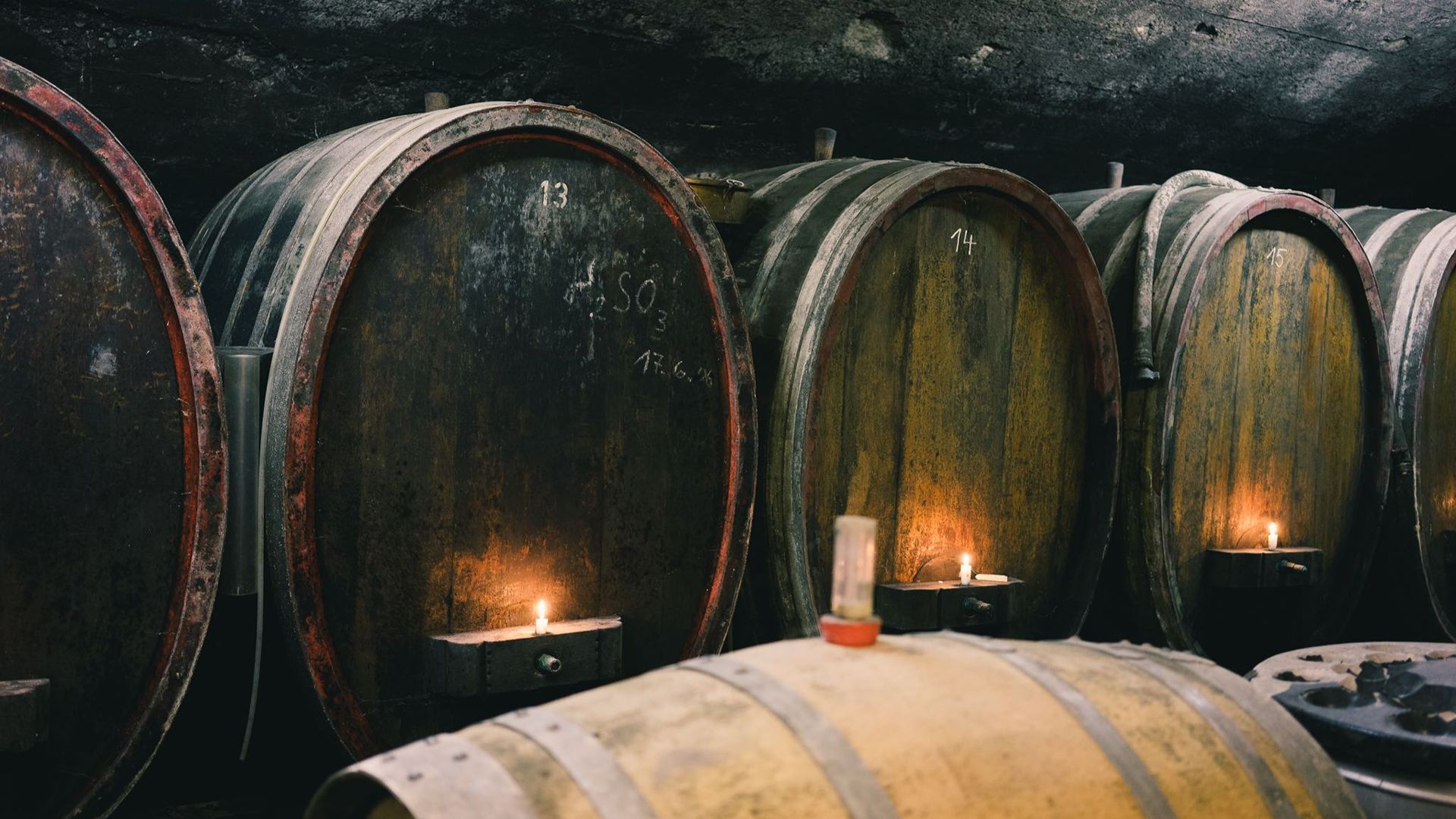 Old oak barrels in the wine cellars at the Winery J. Hicks.